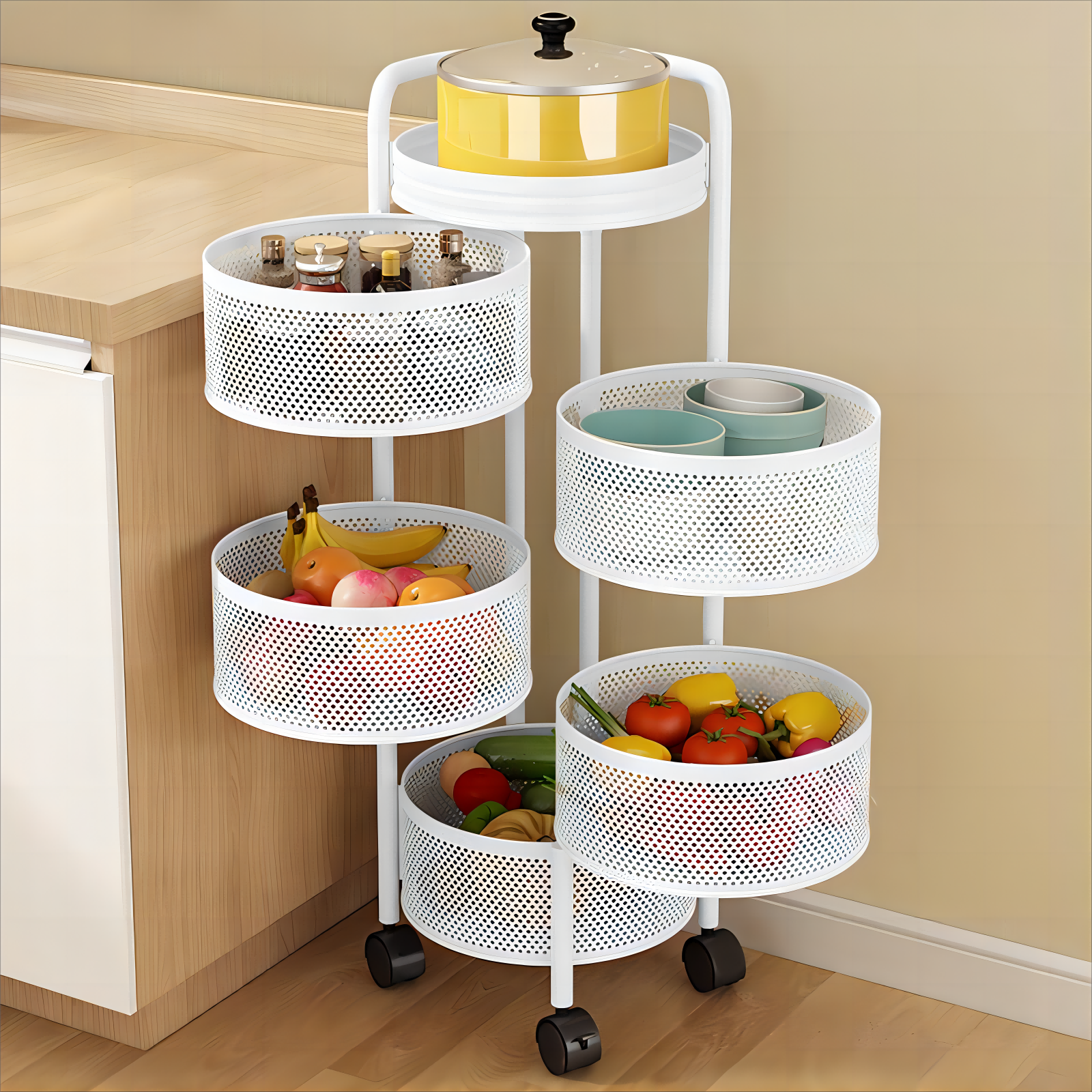 Detachable Circle Basket Multilayer Rotatable Metal Trolley With Wheels Livingroom Container Kitchen Food Storage Rack
