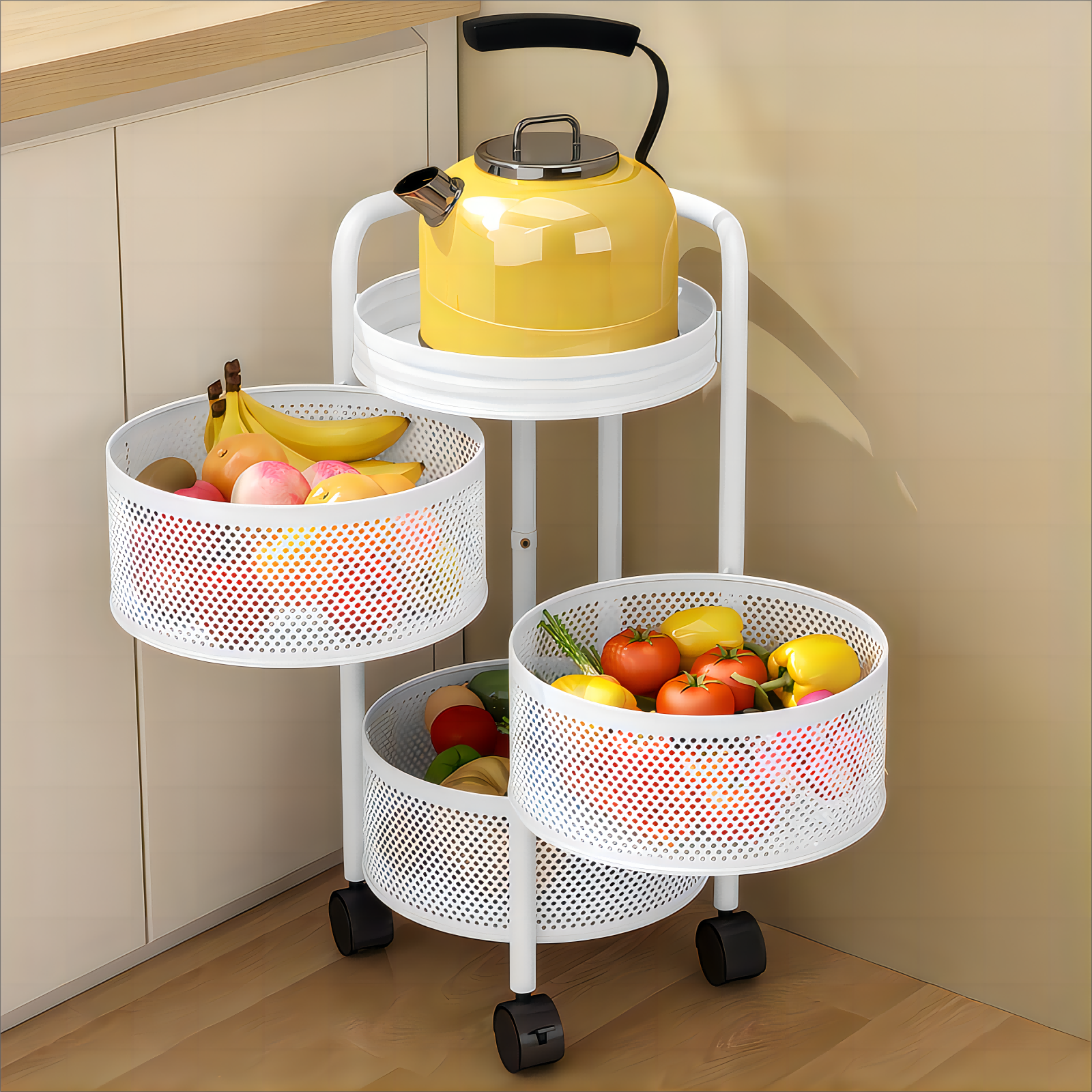 Detachable Circle Basket Multilayer Rotatable Metal Trolley With Wheels Livingroom Container Kitchen Food Storage Rack