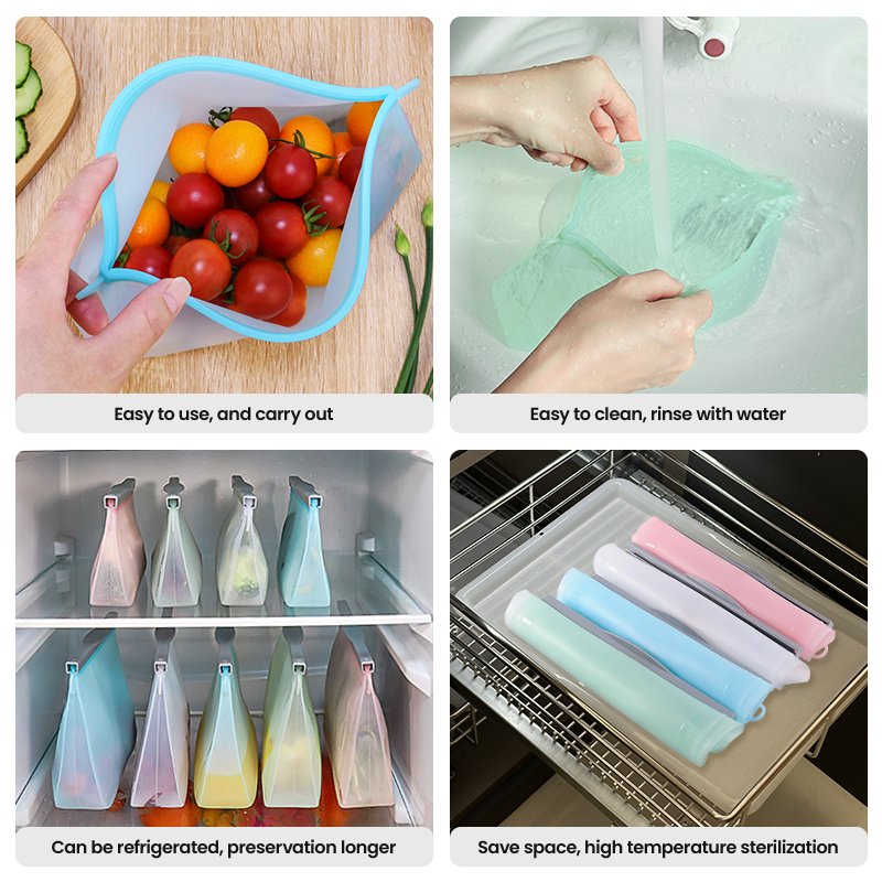 Custom Multi-Use 1 L 1000ml BPA-free Lead Toxin Free Reusable Silicone Bags Freezer Safe Food Storage Pouch Zipper Bag with Clip