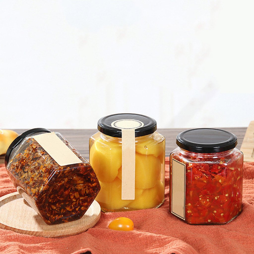 Professional Hexagon Thickened Transparent Kitchen Canning Food Storage Containers Glass Honey Jar With Sealed Metal Lid