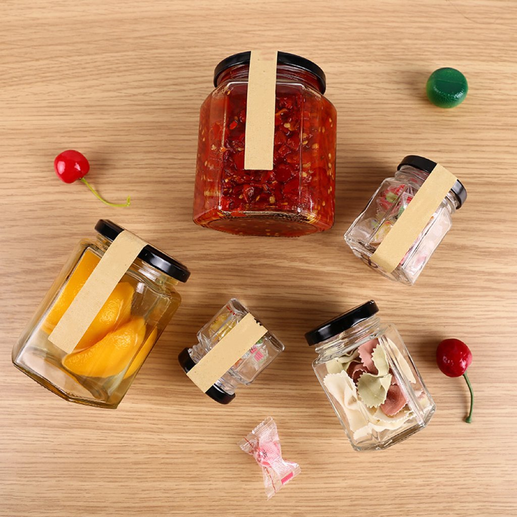 Professional Hexagon Thickened Transparent Kitchen Canning Food Storage Containers Glass Honey Jar With Sealed Metal Lid
