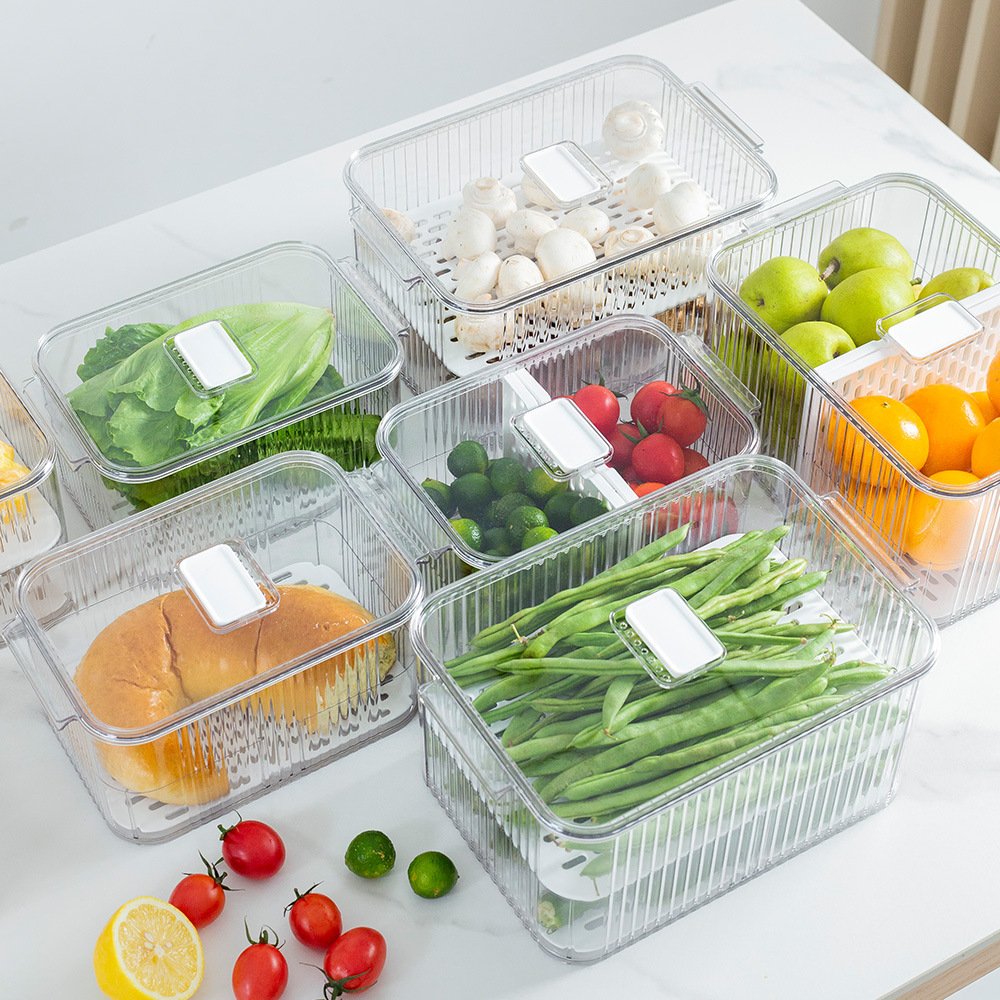 GREENSIDE Cheap double layer Airtight Dry Food Storage organizer plastic Drain Crisper with dividers