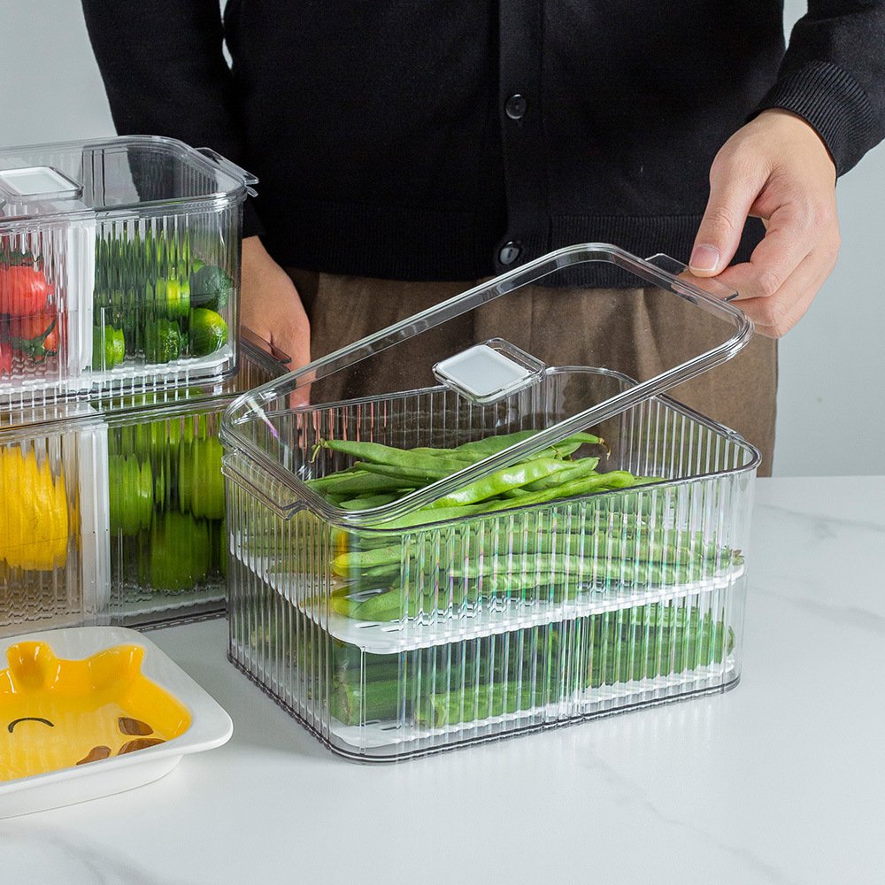 GREENSIDE Cheap double layer Airtight Dry Food Storage organizer plastic Drain Crisper with dividers