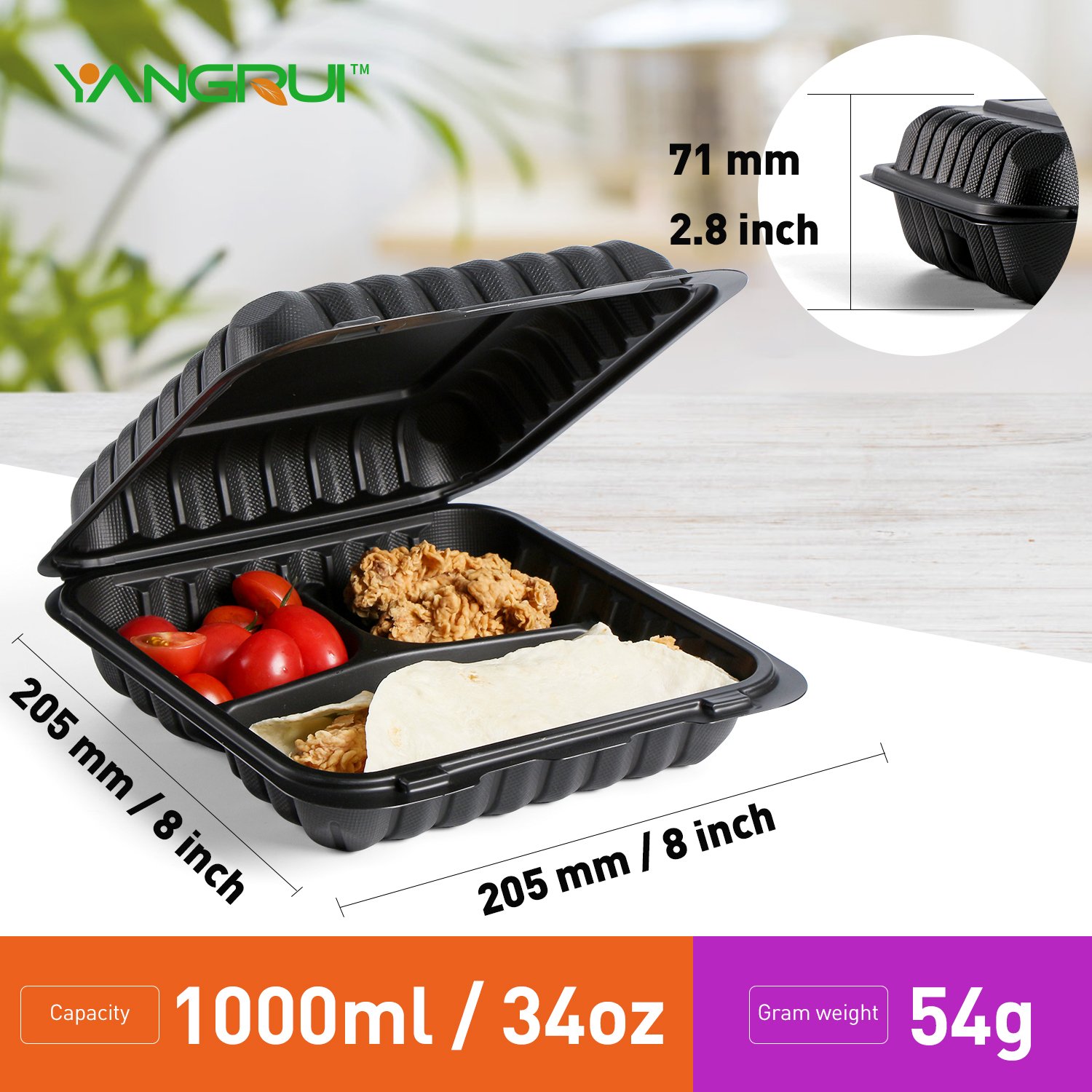 YANGRUI 803 34oz Plastic Meal Prep To Go Portable Hinged Food Restaurtant Containers With Lids Disposable Clamshell Takeout box
