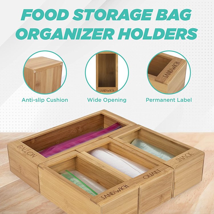 bamboo ziplock bag storage organizer dispenser for kitchen drawer with removable back for quart sandwich snack variety wood box