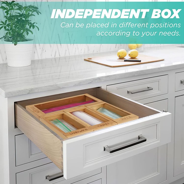 bamboo ziplock bag storage organizer dispenser for kitchen drawer with removable back for quart sandwich snack variety wood box