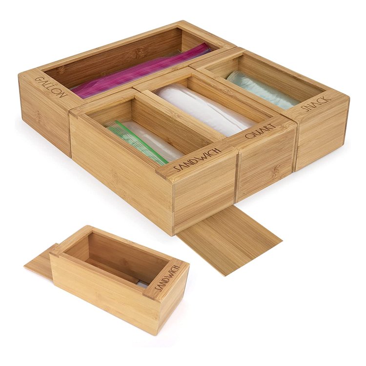 bamboo ziplock bag storage organizer dispenser for kitchen drawer with removable back for quart sandwich snack variety wood box