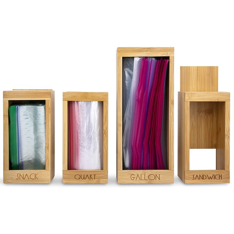 bamboo ziplock bag storage organizer dispenser for kitchen drawer with removable back for quart sandwich snack variety wood box