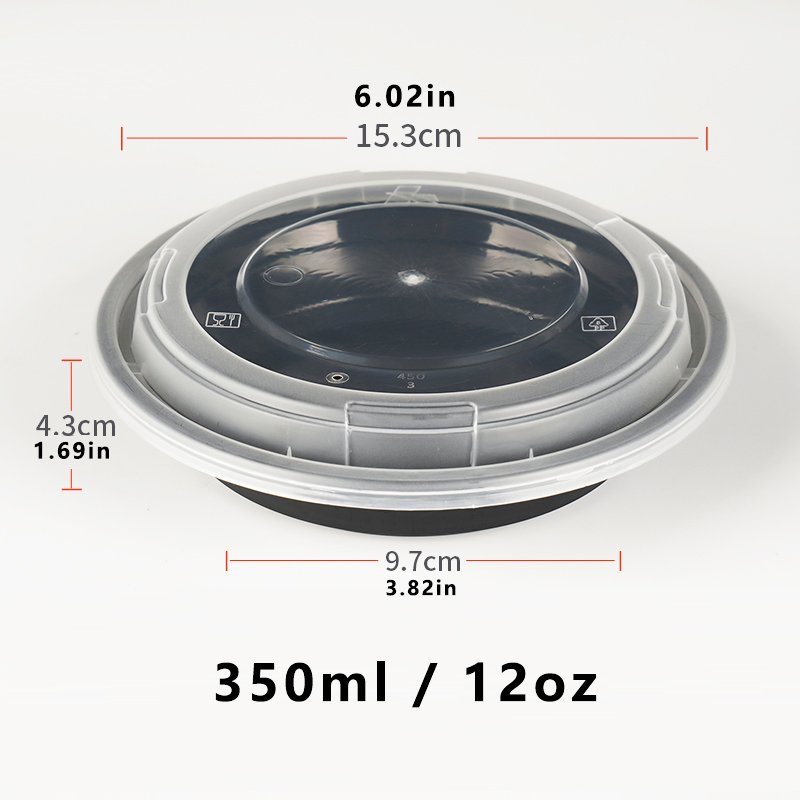 12oz/15oz/24oz/30oz/37oz/44oz Disposable Plastic round Lunch Boxes Microwavable Take out Food Storage Meal Prep Black Color