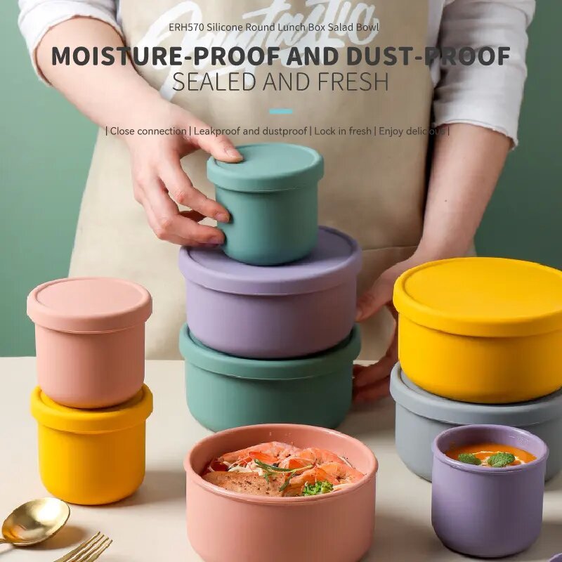 Wholesale Food Grade Silicone Lunch Bento Box Food Container Reusable 250ML 700ML Round Silicone Lunch Box Portable For Kids