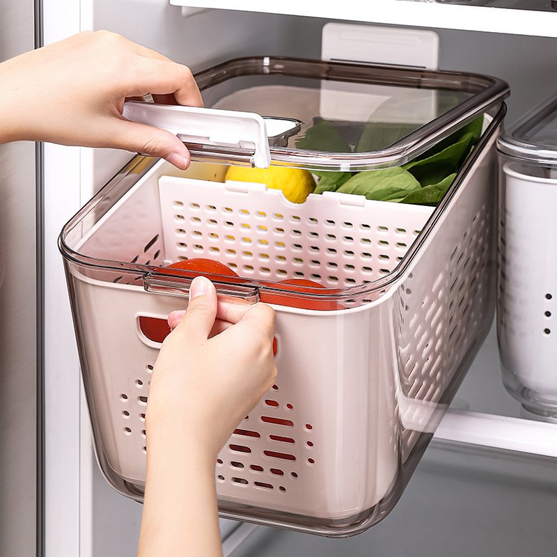 kitchen plastic stackable refrigerator organizer set vegetable fruit container food storage Drain Basket for fridge bin with lid