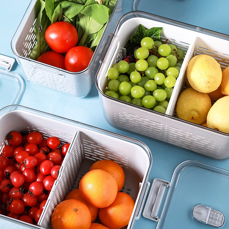 kitchen plastic stackable refrigerator organizer set vegetable fruit container food storage Drain Basket for fridge bin with lid