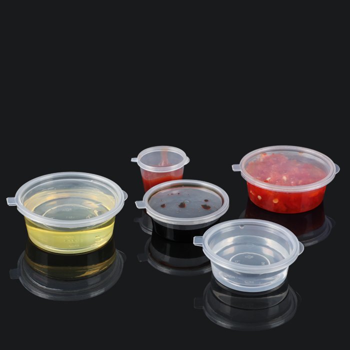 Disposable Food Storage Containers with Lids 1oz, 2oz, 3oz, 4oz, 5oz clear Hinged Lid BPA-Free Leakproof Round Sauce Cup