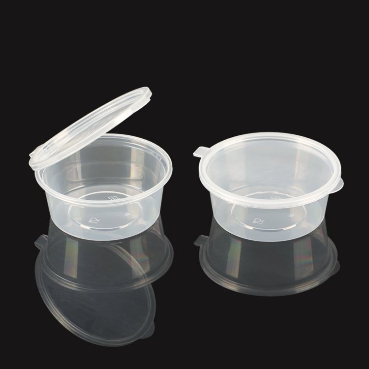 Disposable Food Storage Containers with Lids 1oz, 2oz, 3oz, 4oz, 5oz clear Hinged Lid BPA-Free Leakproof Round Sauce Cup