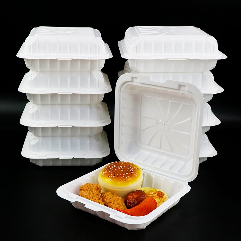 Disposable 3 Compartment White Rectangular Storage Boxes Mfpp Mineral Filled Plastic Clamshell Hinged Food Container With Lid