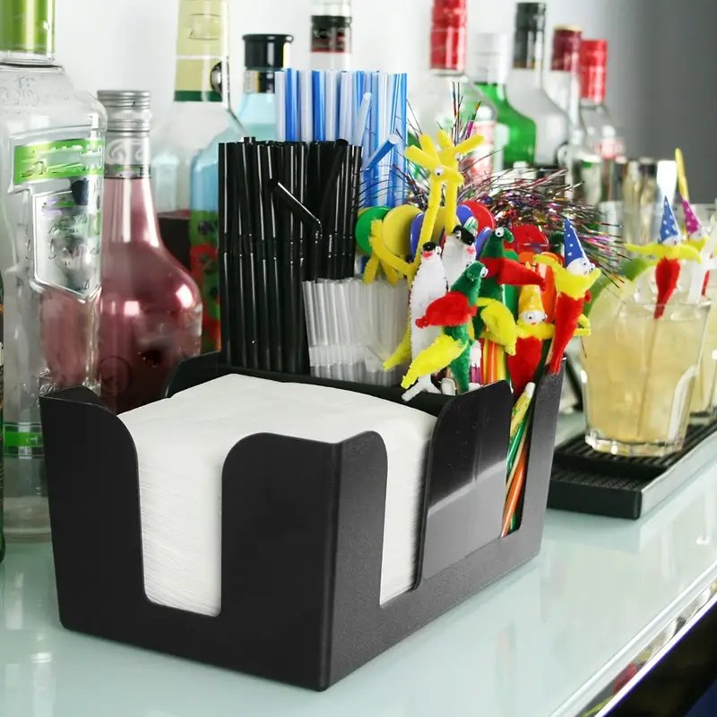 Black Plastic Bar Caddy Organizer With 6 Compartments Durable Accessories For Napkins Straws Stirrers Storage Box Home Supplies