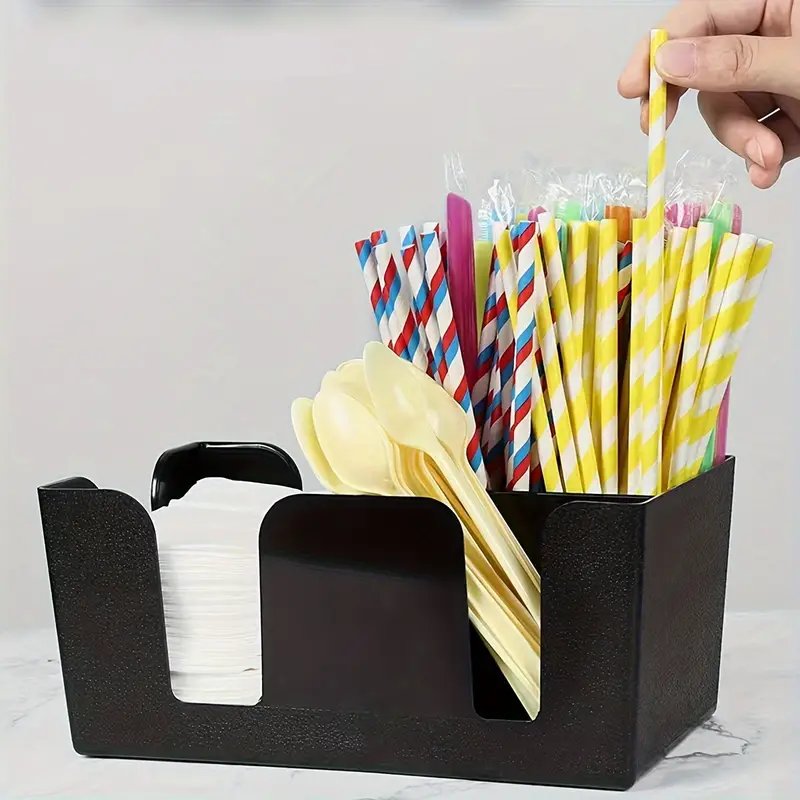 Black Plastic Bar Caddy Organizer With 6 Compartments Durable Accessories For Napkins Straws Stirrers Storage Box Home Supplies