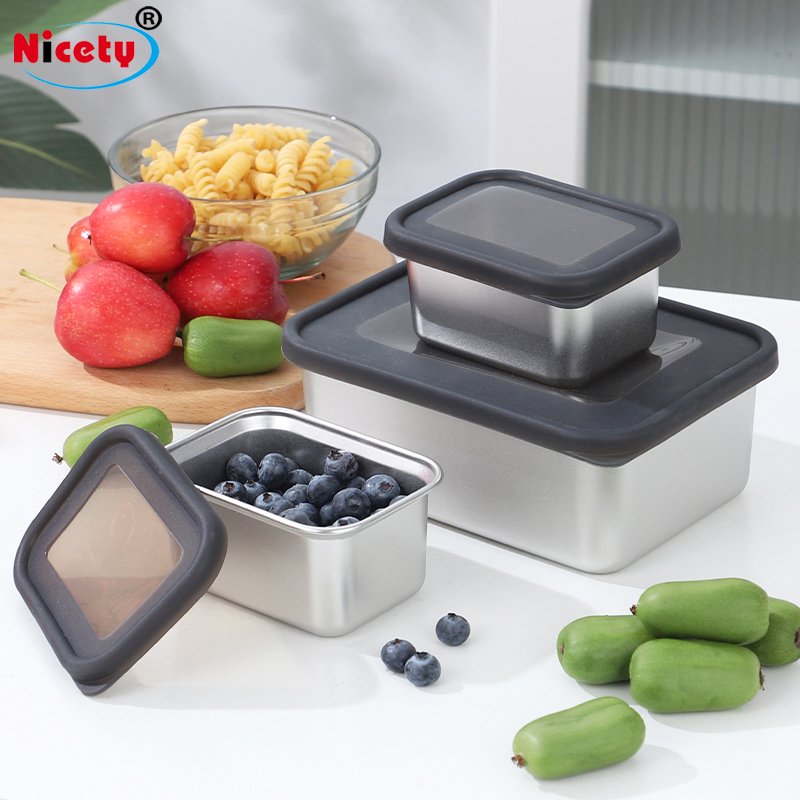 Food Grade Silicone Lid Lunch Box Meal Prep Food Containers Reusable Stainless Steel Food Kitchen Storage Containers For Kids