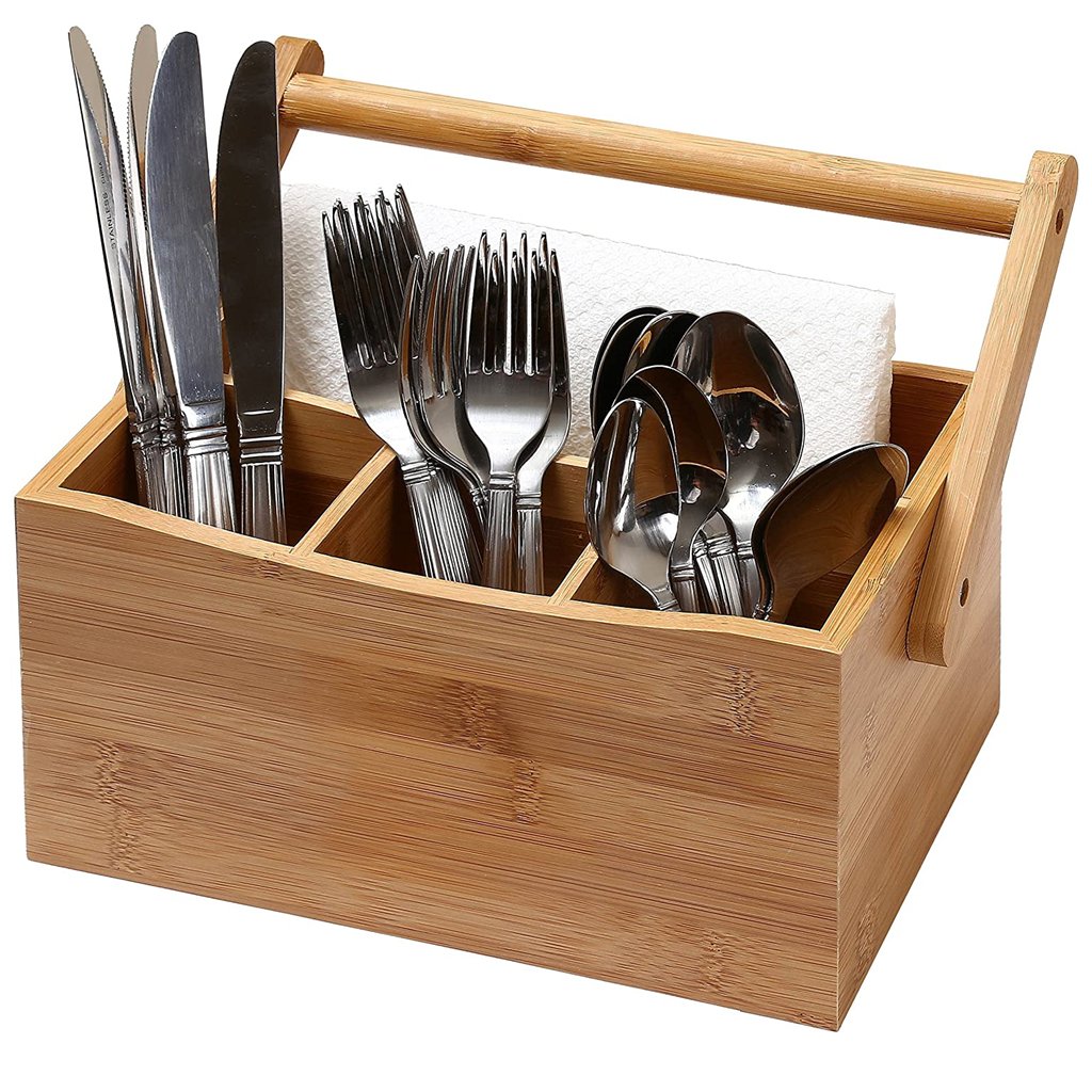 Home Bamboo Flatware Utensil Caddy Wood Picnic Basket with Napkin Holder and Handle for Kitchen and Camping Trip