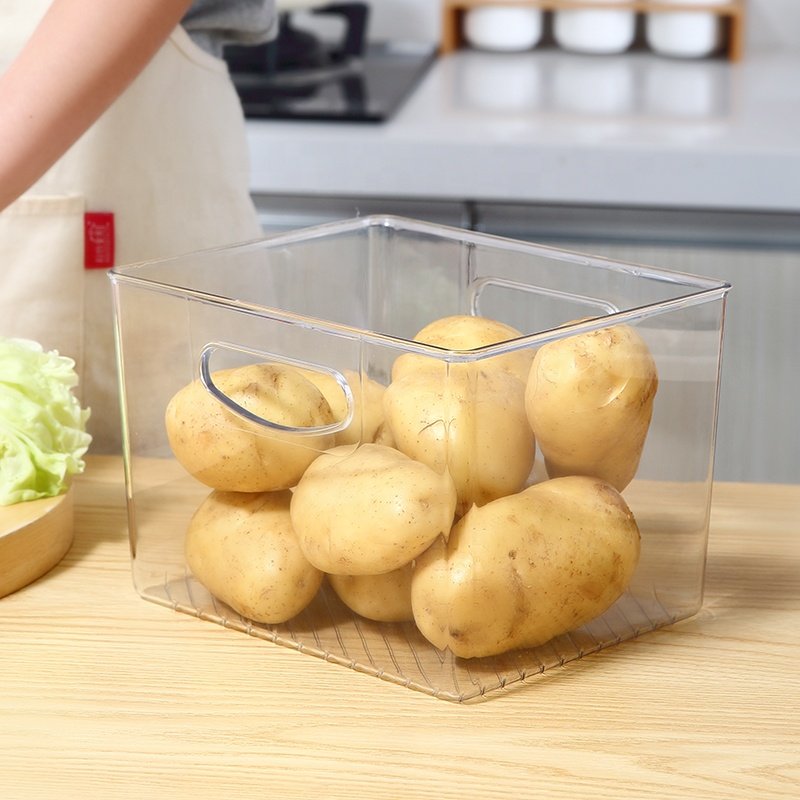 Transparent plastic PET stackable storage box set refrigerator drawer fridge food fruit organizer with handle