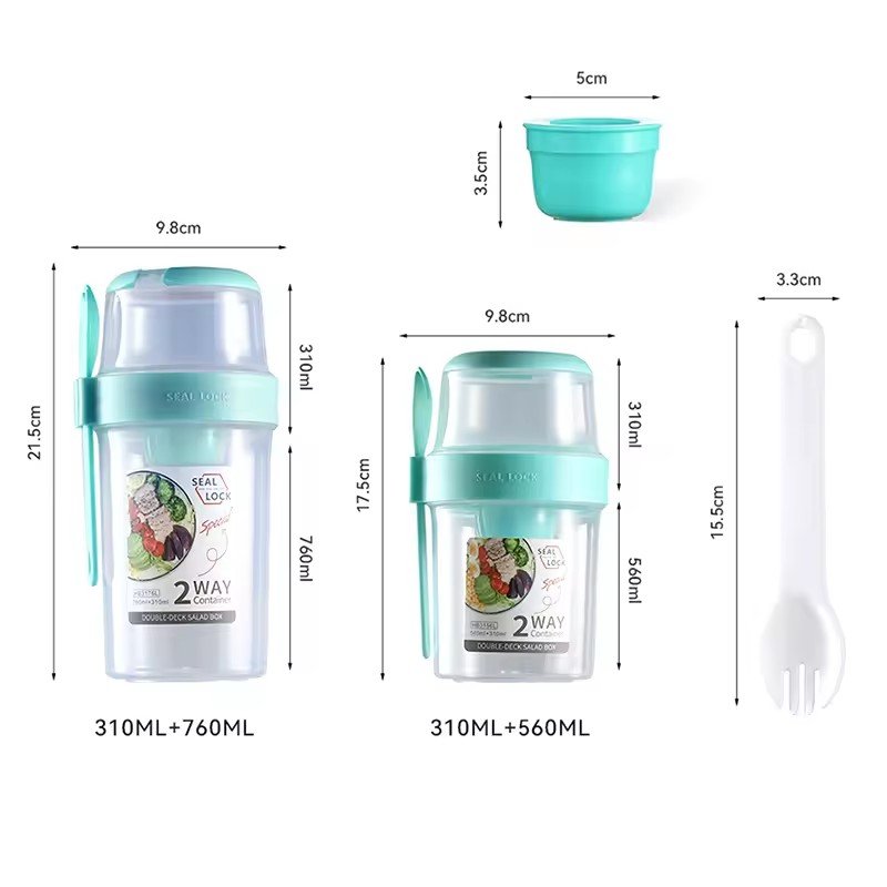 C611 Hot Selling 560Ml/760Ml Portable Breakfast Cereal Cup Reusable plastic Salad Yogurt Cup Double-Layered Food Storage Box