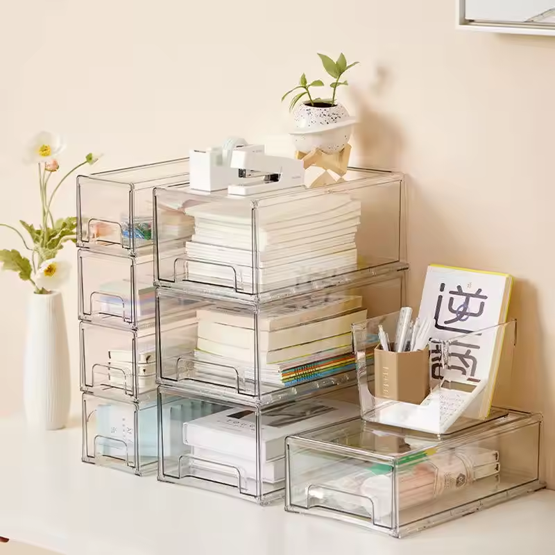 Large capacity transparent drawer storage box acrylic rectangular storage container for office stationery books storage