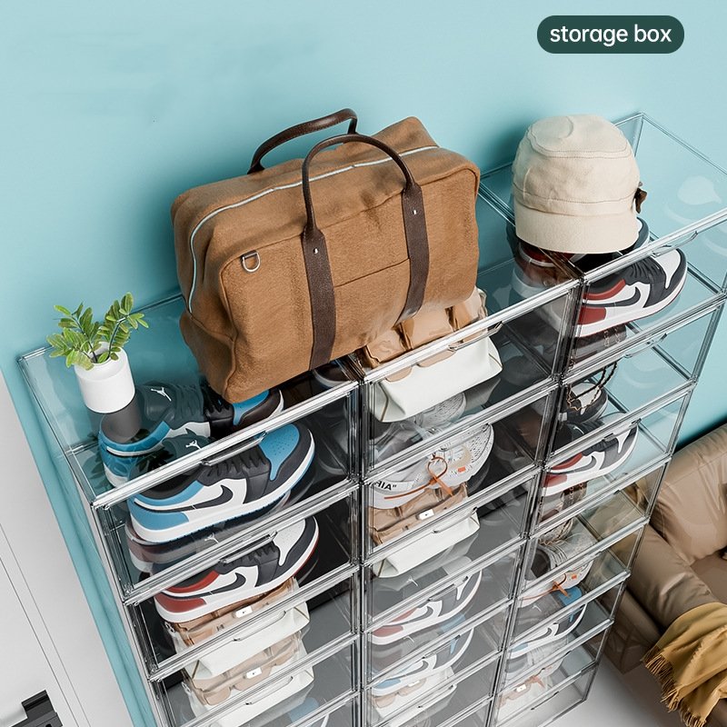 XJH Magnetic Side Opening Hard Box Fully Transparent Large Shoe Cabinet Thickened Storage Acrylic Modern Plastic Shoe Box