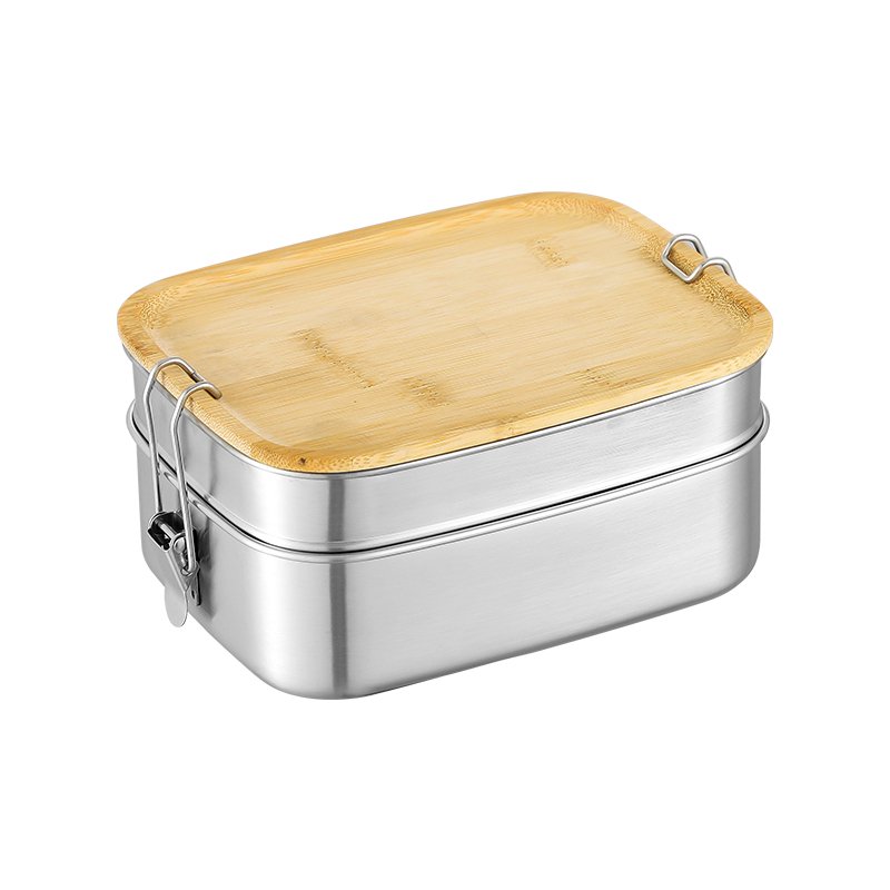 304 stainless steel lunch box Double layer with Eco-Friendly Wooden lid Kid school bento box leakproof Insulated food container