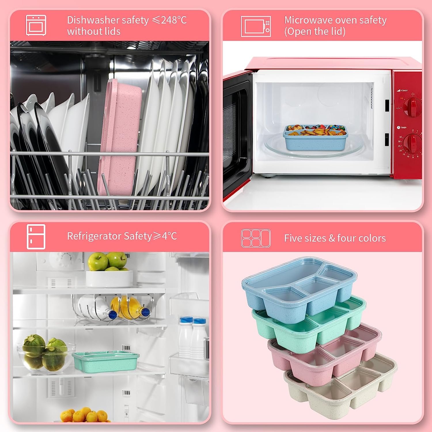 Bento Box Adult Lunch Box 4-Compartment Meal Prep Container Reusable Food Storage Containers with Transparent Lids No BPA