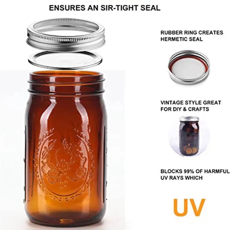 32oz Amber Mason Jars with Airtight lids Bands Vintage Regular Mouth Quart Canning Jar Jam Candy Pickling Canning Storage 1000ml