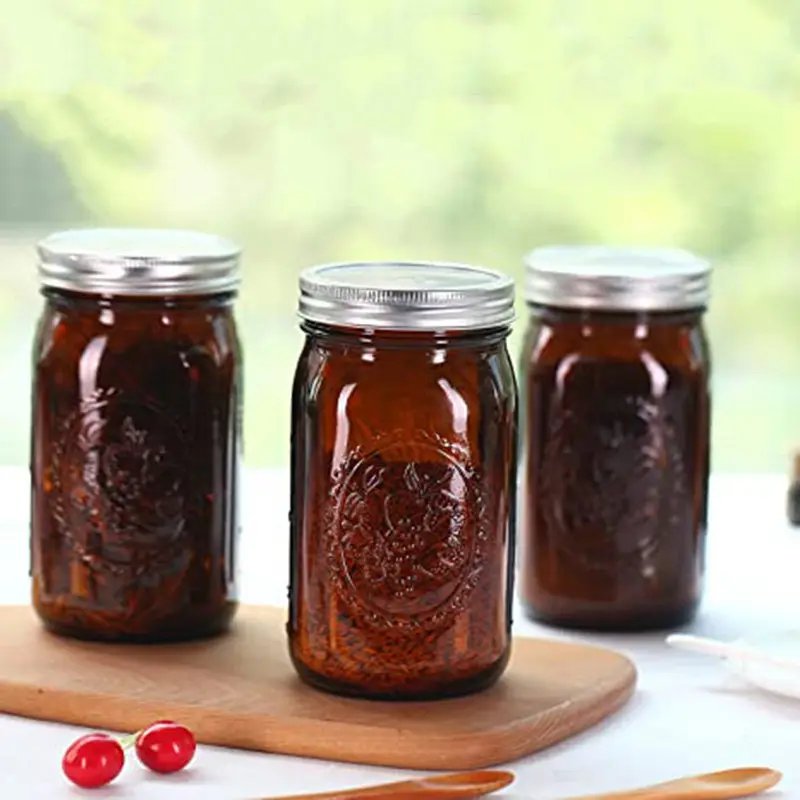 32oz Amber Mason Jars with Airtight lids Bands Vintage Regular Mouth Quart Canning Jar Jam Candy Pickling Canning Storage 1000ml