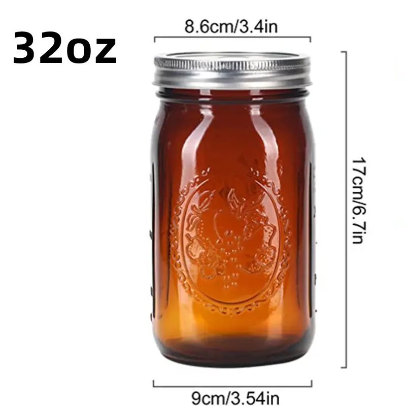 32oz Amber Mason Jars with Airtight lids Bands Vintage Regular Mouth Quart Canning Jar Jam Candy Pickling Canning Storage 1000ml
