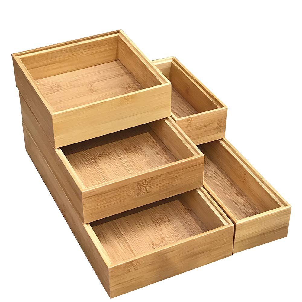 Bamboo Stackable Drawer Organizer and Desk Storage Box/Tray for Office Supplies,Crafts,Sewing Small Daily Use Articles 5 Box
