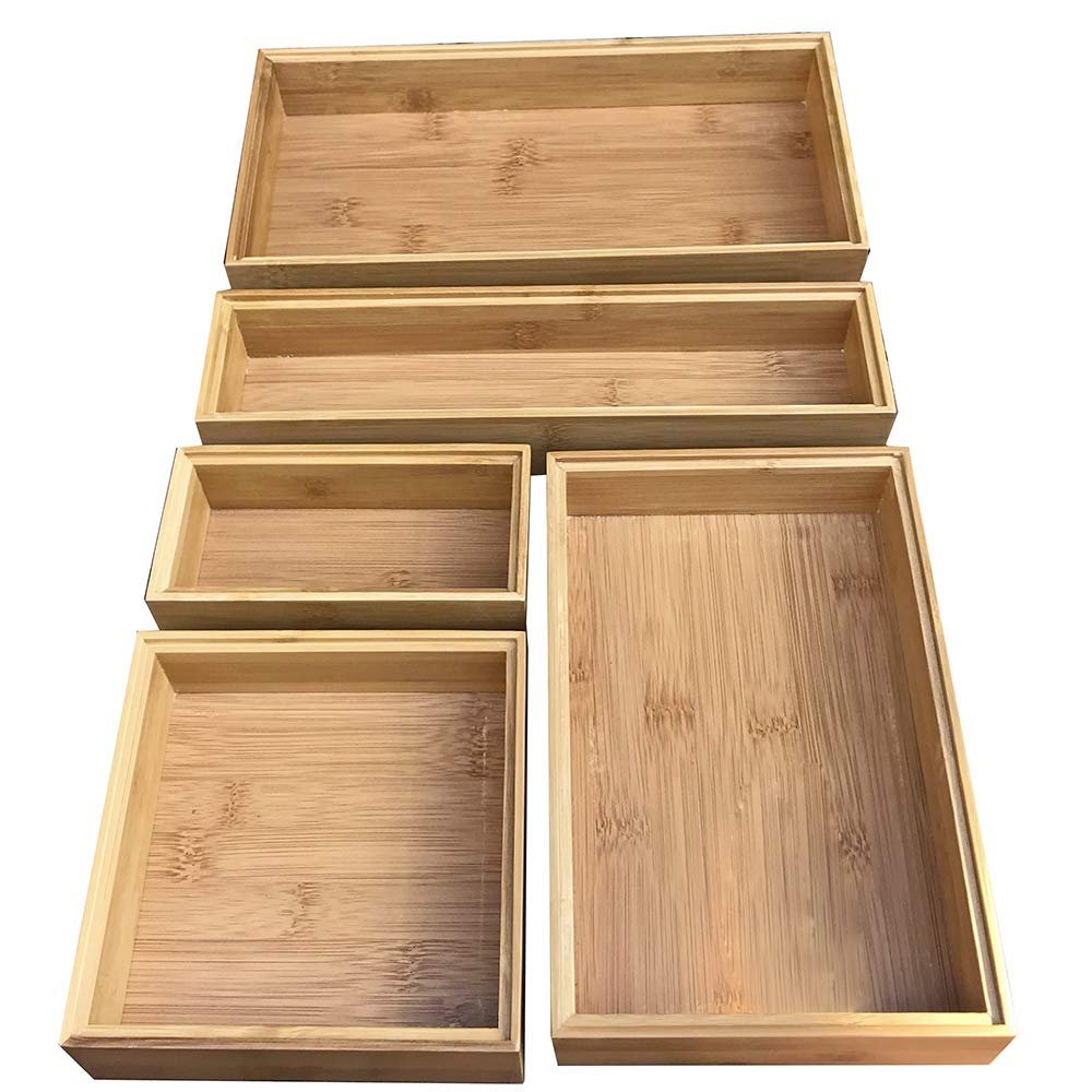 Bamboo Stackable Drawer Organizer and Desk Storage Box/Tray for Office Supplies,Crafts,Sewing Small Daily Use Articles 5 Box