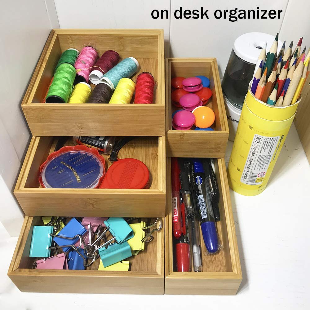 Bamboo Stackable Drawer Organizer and Desk Storage Box/Tray for Office Supplies,Crafts,Sewing Small Daily Use Articles 5 Box