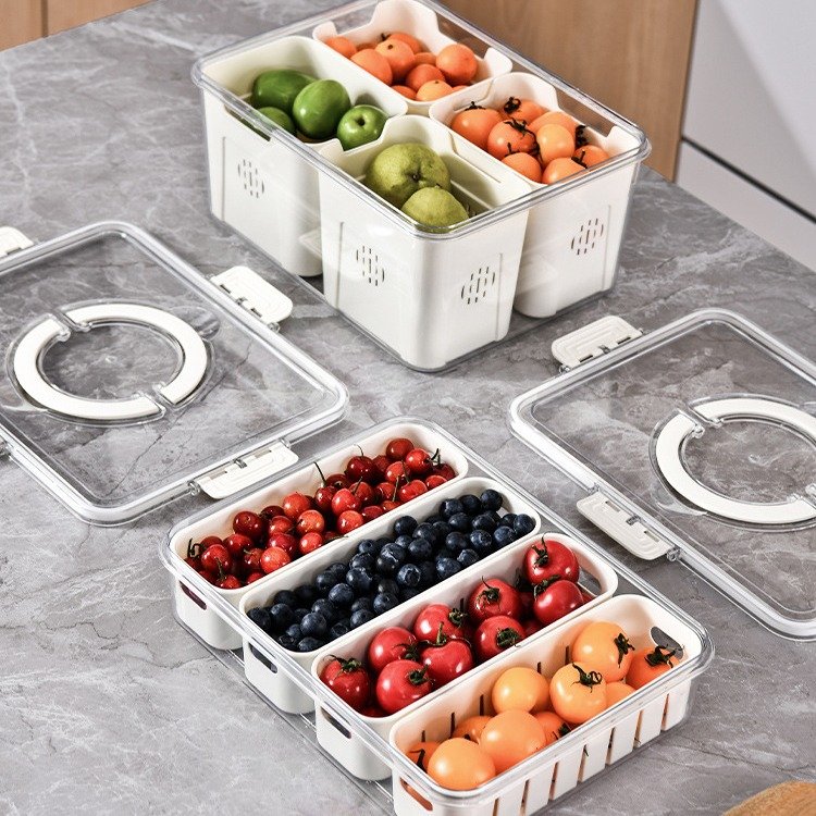 Refrigerator Storage Box With Lid And Handle Food Preservation Box Frozen Divided Serving Tray Kitchen Fruit Fish Containers