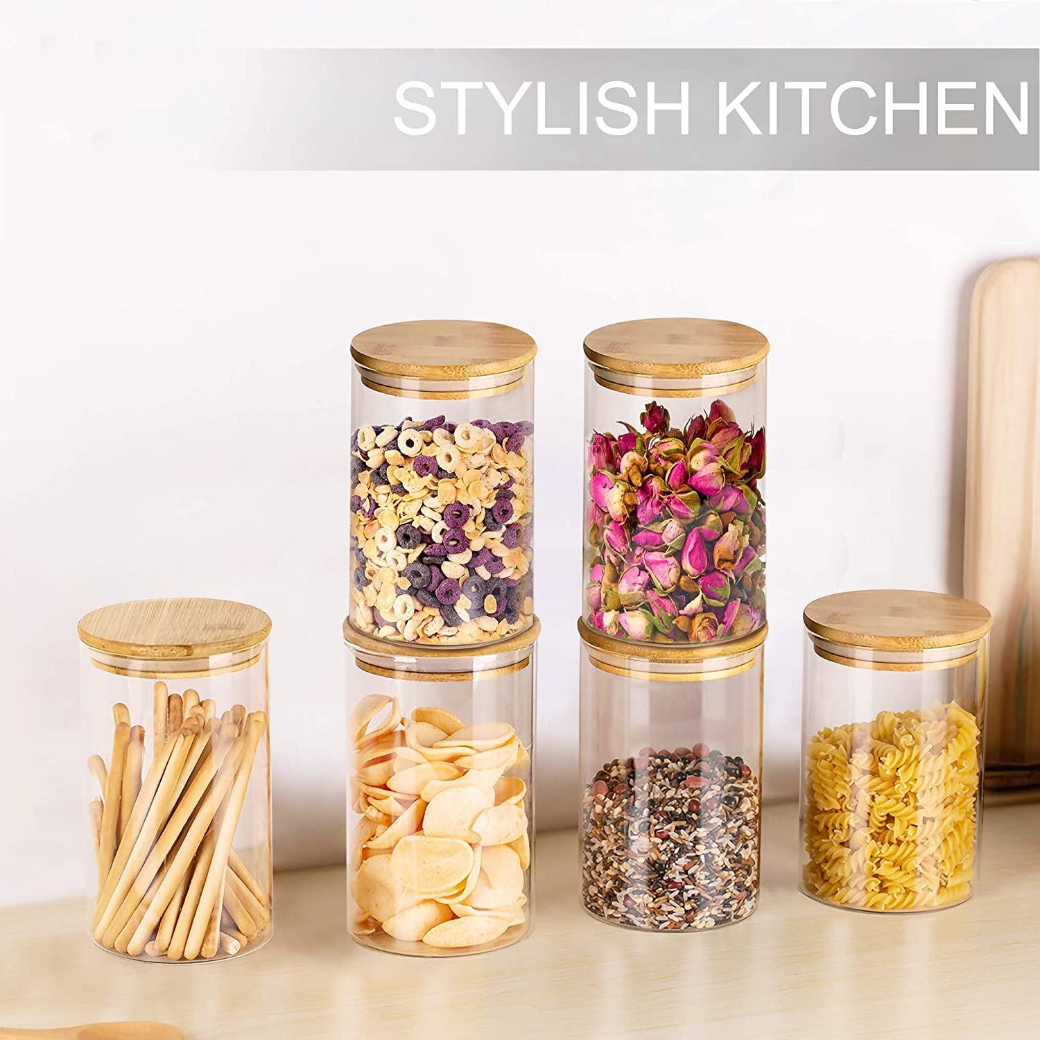 IKOO Glass Storage Jars 250 ml, Set of 10 Glass Jars with Bamboo Lids and Labels, Airtight Canister Kitchen Food Storage