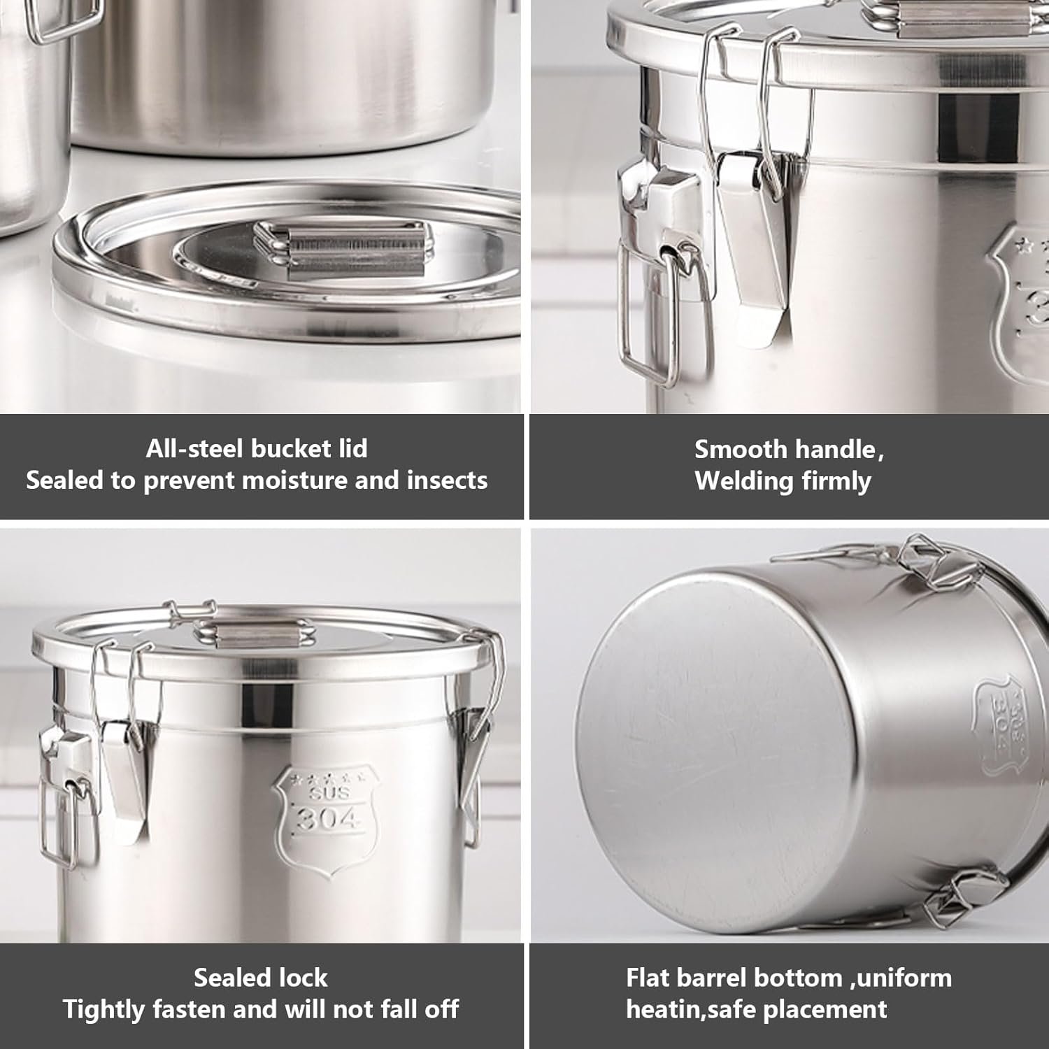 Kitchen 21L Stock Pot Grain Storage Sealed Bucket with Seal Lid Stainless Steel Airtight Canister Container with Carry Handle