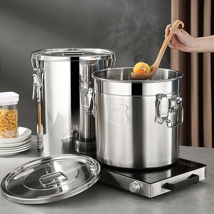 Kitchen 21L Stock Pot Grain Storage Sealed Bucket with Seal Lid Stainless Steel Airtight Canister Container with Carry Handle