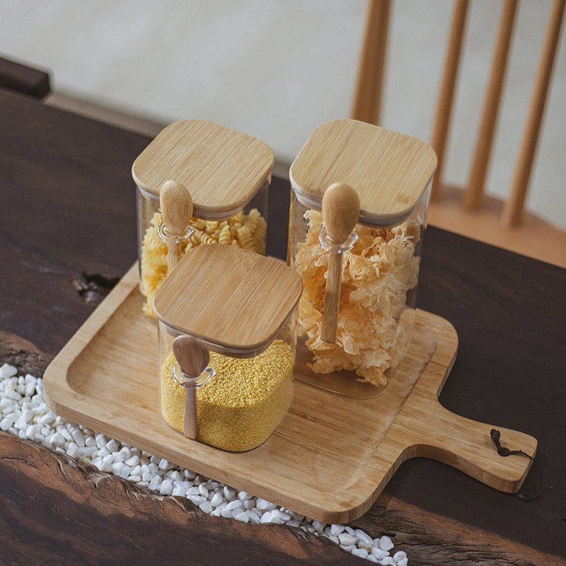 High Borosilicate Square Cereal Container Glass Jar Canister With bamboo Lid Clear Food Storage Container with spoon