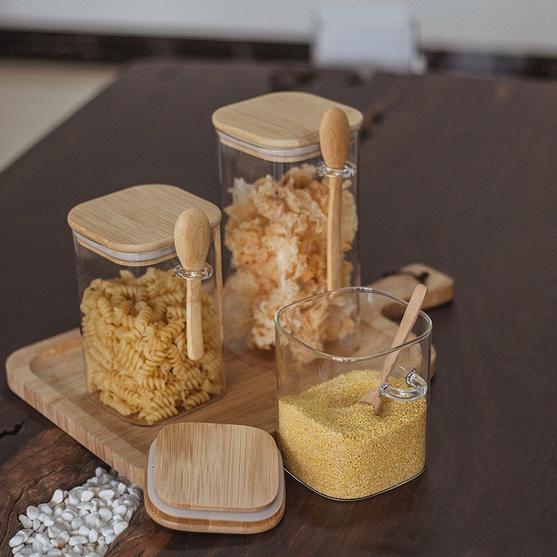 High Borosilicate Square Cereal Container Glass Jar Canister With bamboo Lid Clear Food Storage Container with spoon
