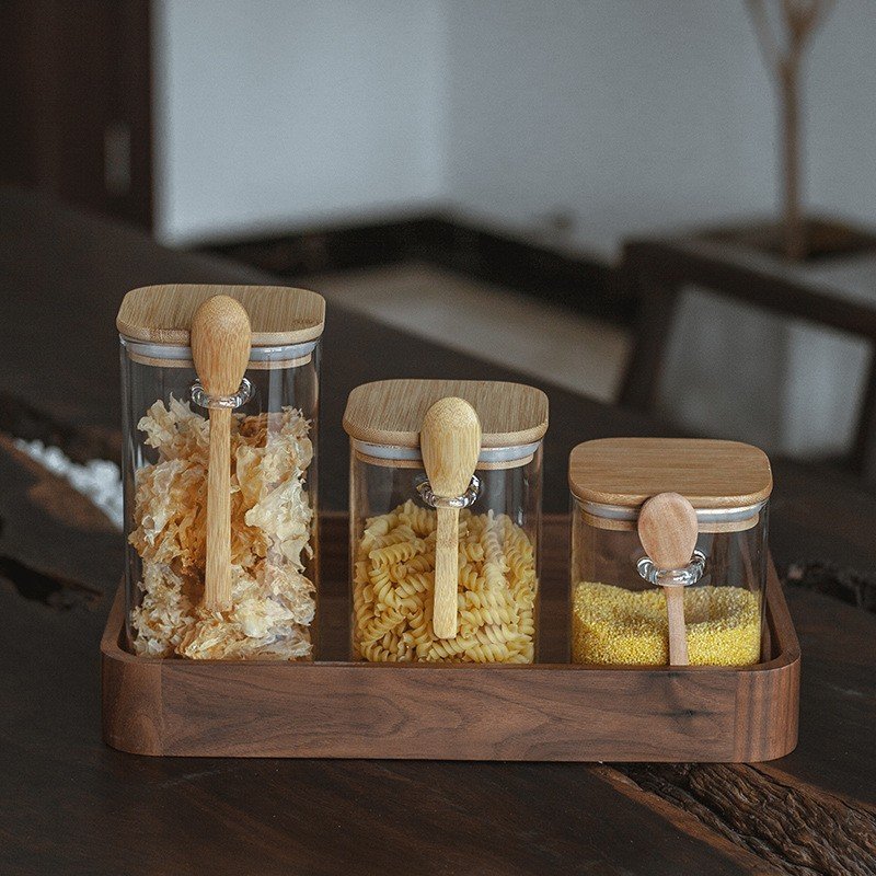 High Borosilicate Square Cereal Container Glass Jar Canister With bamboo Lid Clear Food Storage Container with spoon