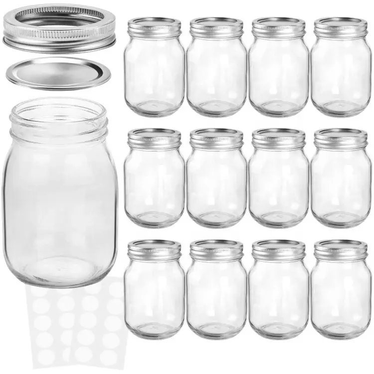 Food Grade 16oz Wide Mouth Print Logo Glass Food Container Honey Fruit Clear Big Volume Mason Jar With Split Lids