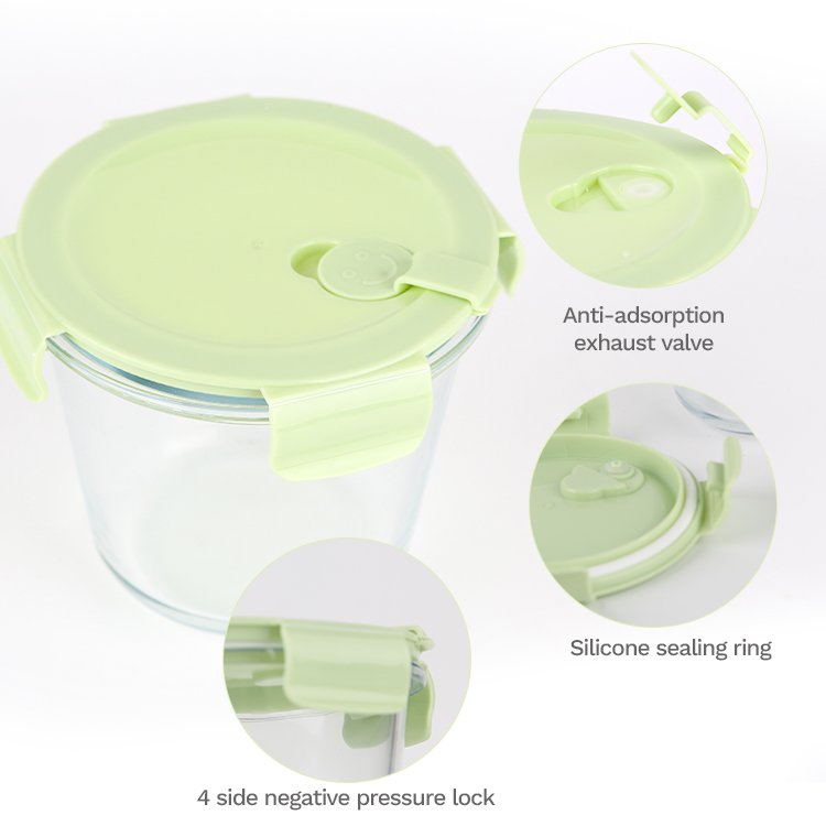 Gloway Round High Quality Heatable Borosilicate Glass Food Storage Container Lunch Box With 3-Different Colors Lids