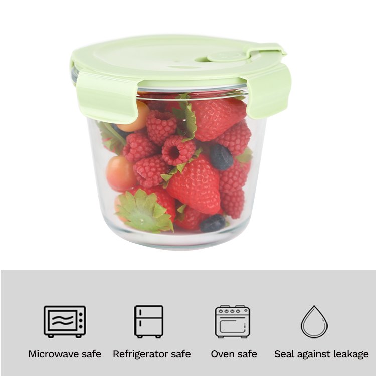 Gloway Round High Quality Heatable Borosilicate Glass Food Storage Container Lunch Box With 3-Different Colors Lids