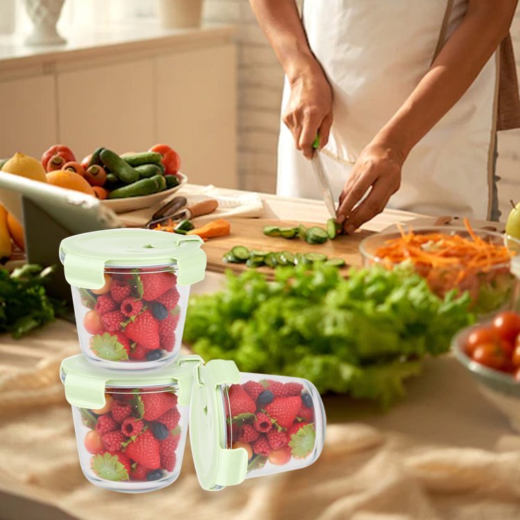 Gloway Round High Quality Heatable Borosilicate Glass Food Storage Container Lunch Box With 3-Different Colors Lids