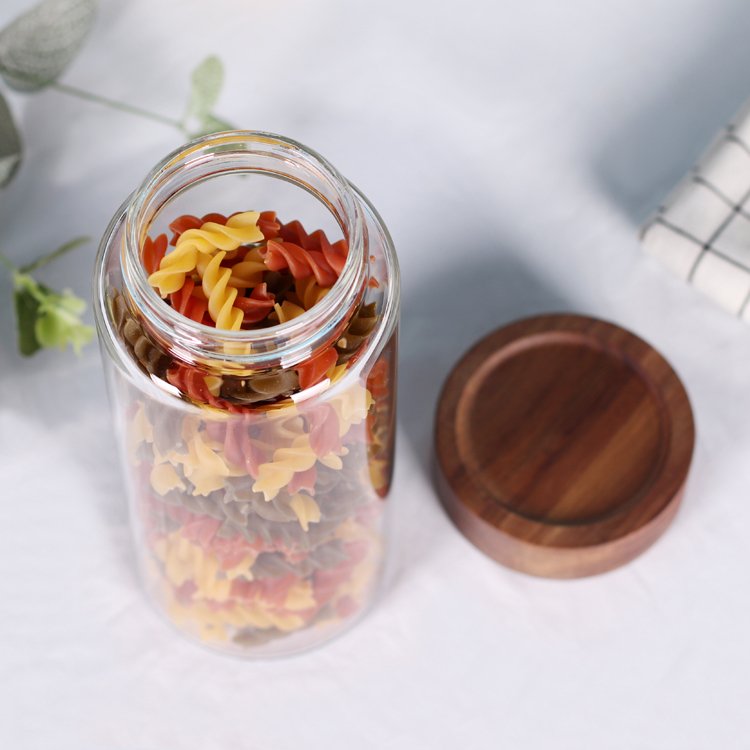 Factory Price High Borosilicate airtight glass food storage jars acacia wood lid