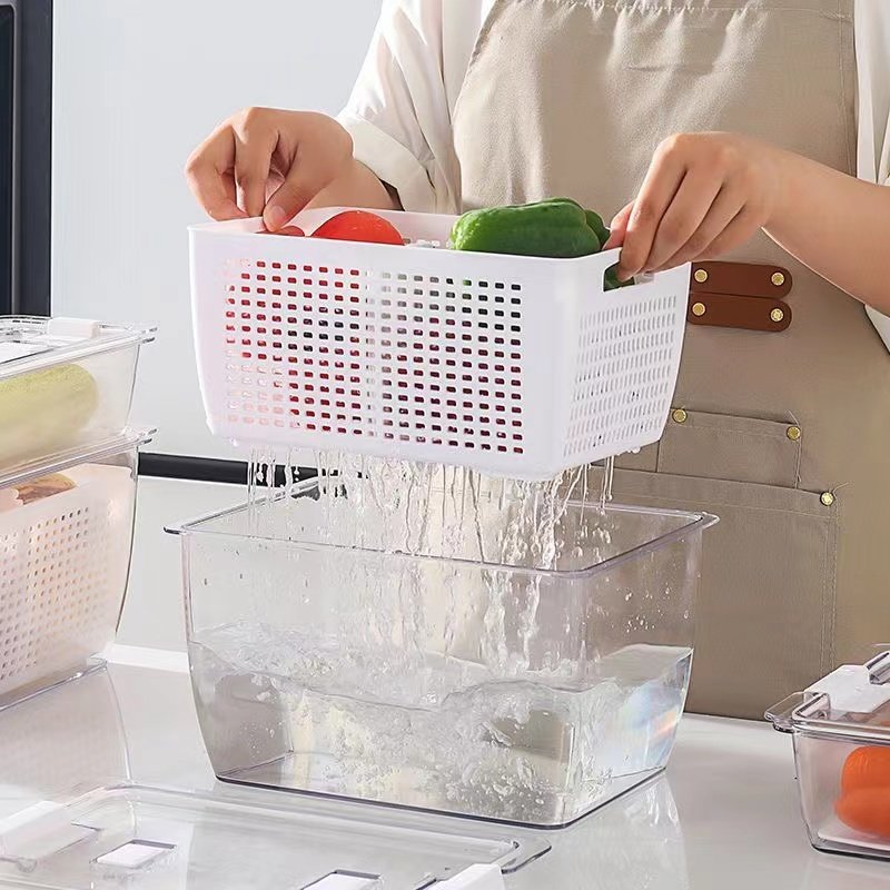 New Design Wholesales Kitchen Refrigerator Fruit And Vegetable Storage Box Food Sealed Box Plastic Vegetable Washing Basket
