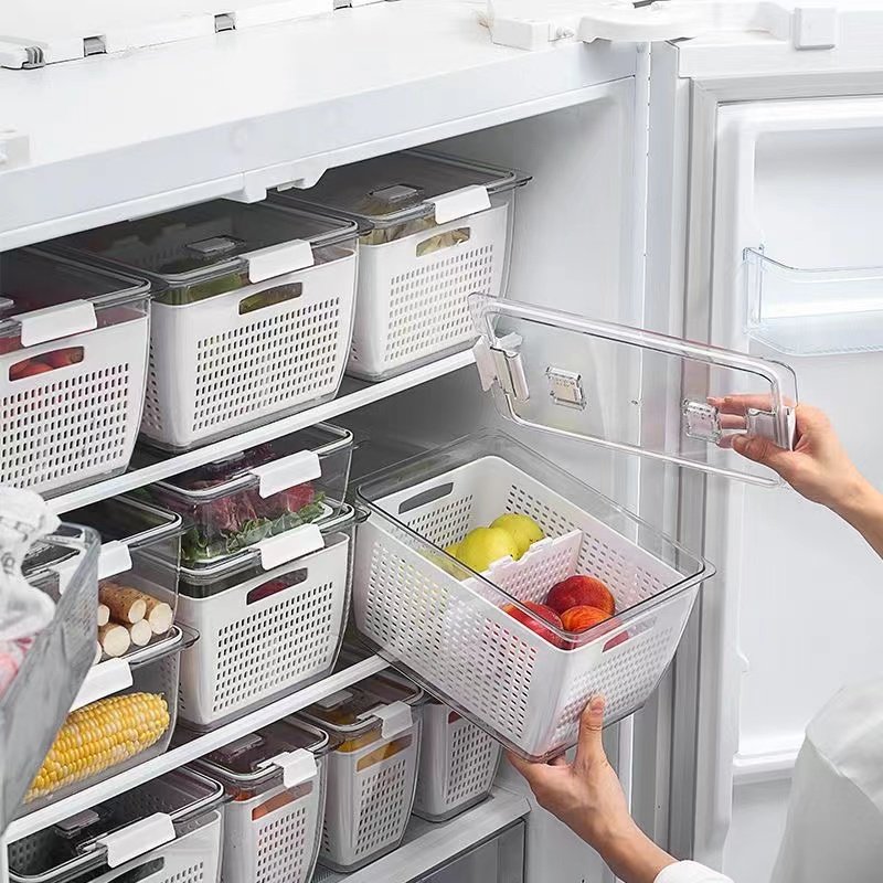 New Design Wholesales Kitchen Refrigerator Fruit And Vegetable Storage Box Food Sealed Box Plastic Vegetable Washing Basket