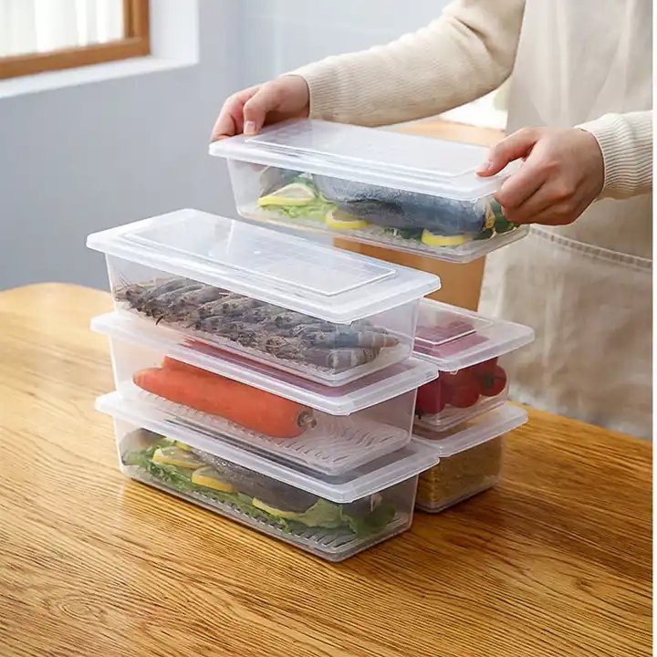 2024 Food Storage Box Containers Kitchen Fridge Organizer Case Removable Drain Plate Tray For Keep Fruits Vegetables Meat Fish